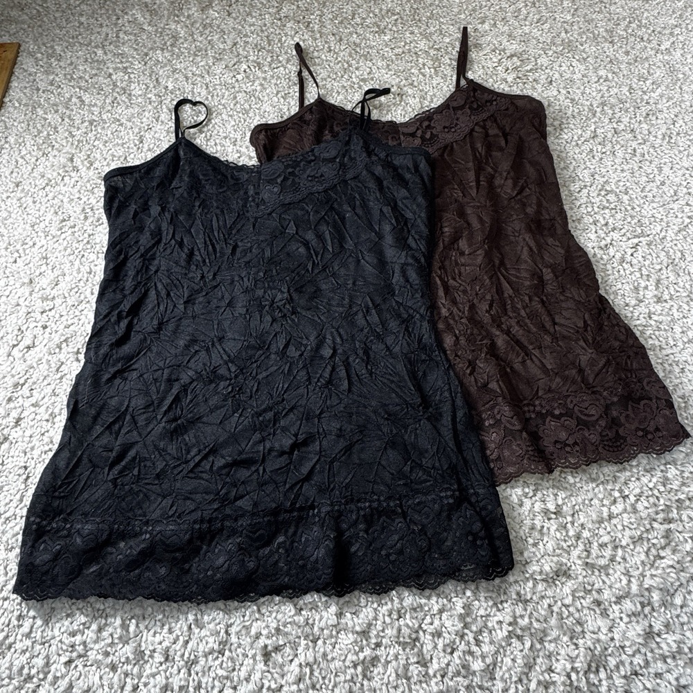 Cami Pair 2 Y2K Back Lace Trim Crinkle‎ Whimsygoth Tank Top Women's Large